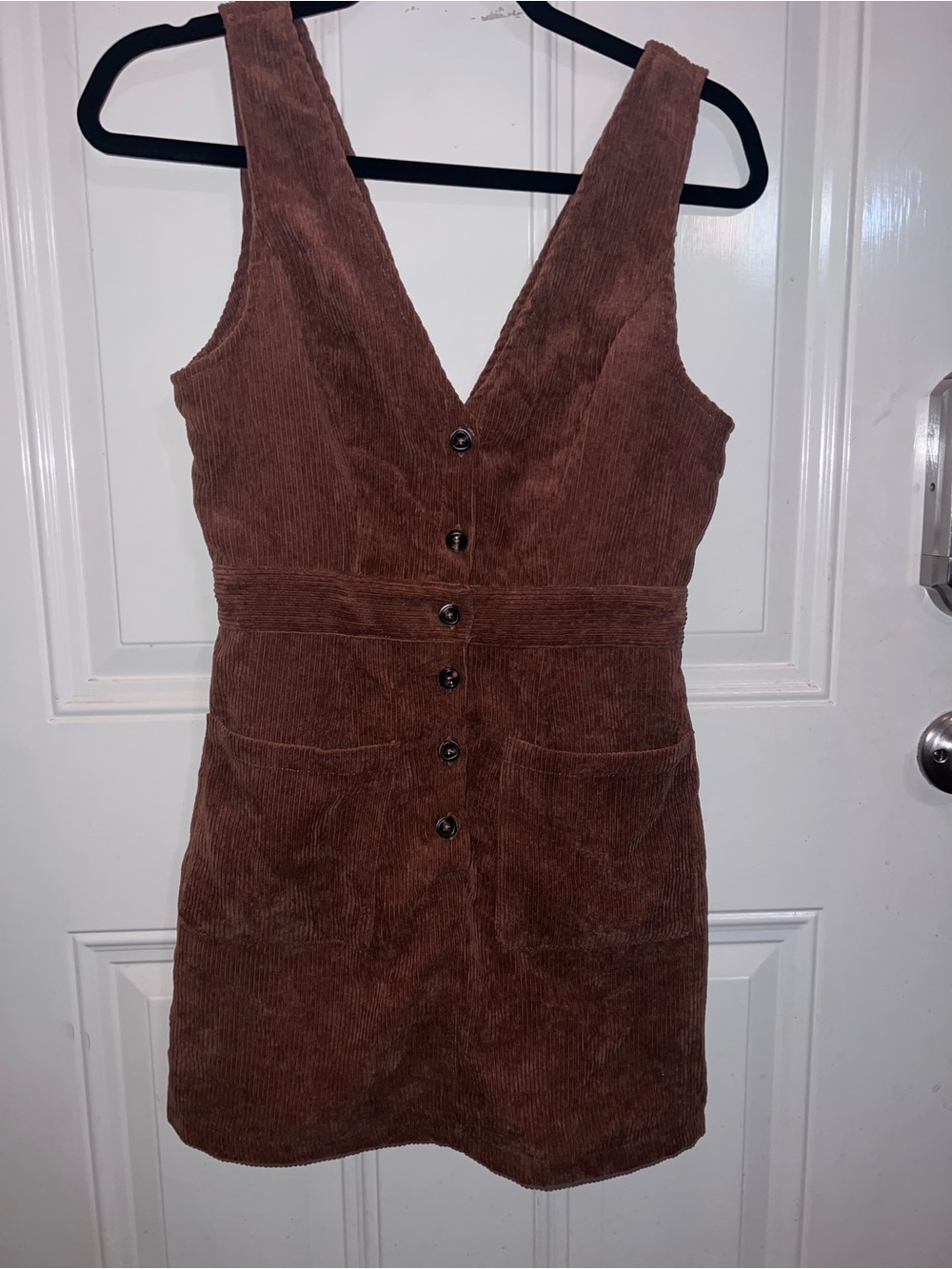 SHEIN Brown Corduroy V-Neck Button Mini Dress
